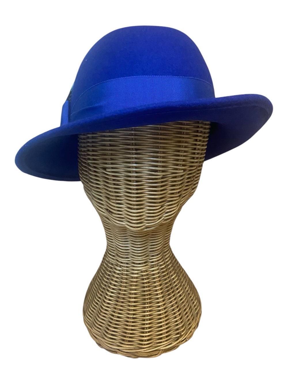 Vintage Cobalt Blue Women’s 1960s Fedora Style Wool Hat USA Made Feather Detail